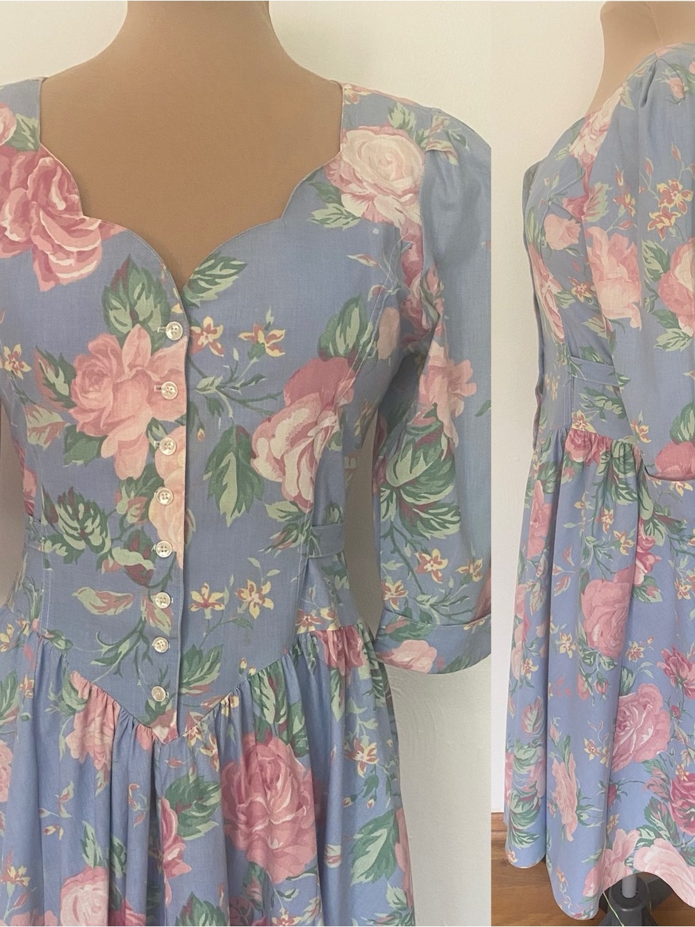 Vintage 80s EXPO Chintz Party Dress *Size 8* Blue Rose Floral Tie Back Dress